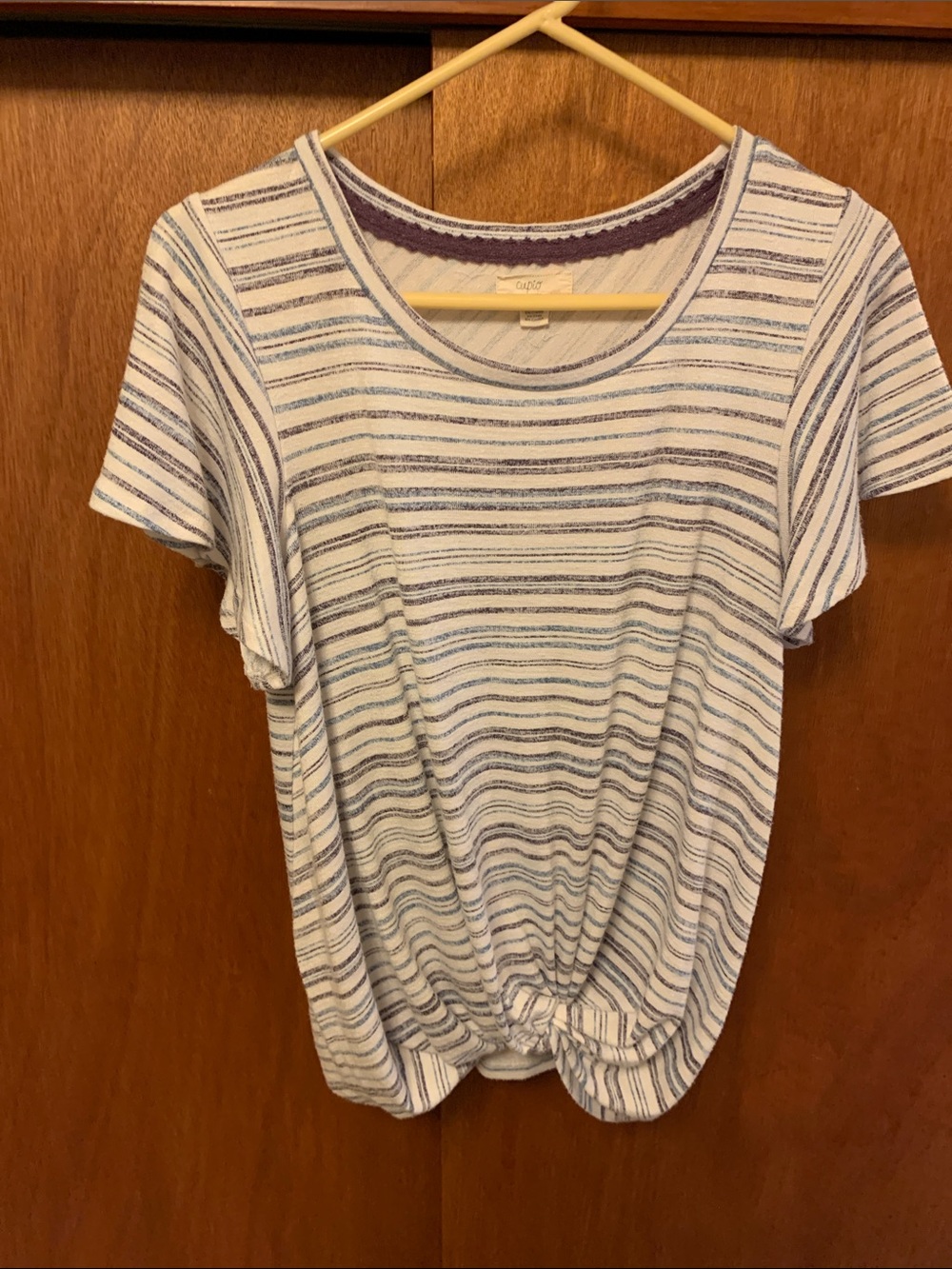 Cupio White and Blue Striped Knot Front Tee